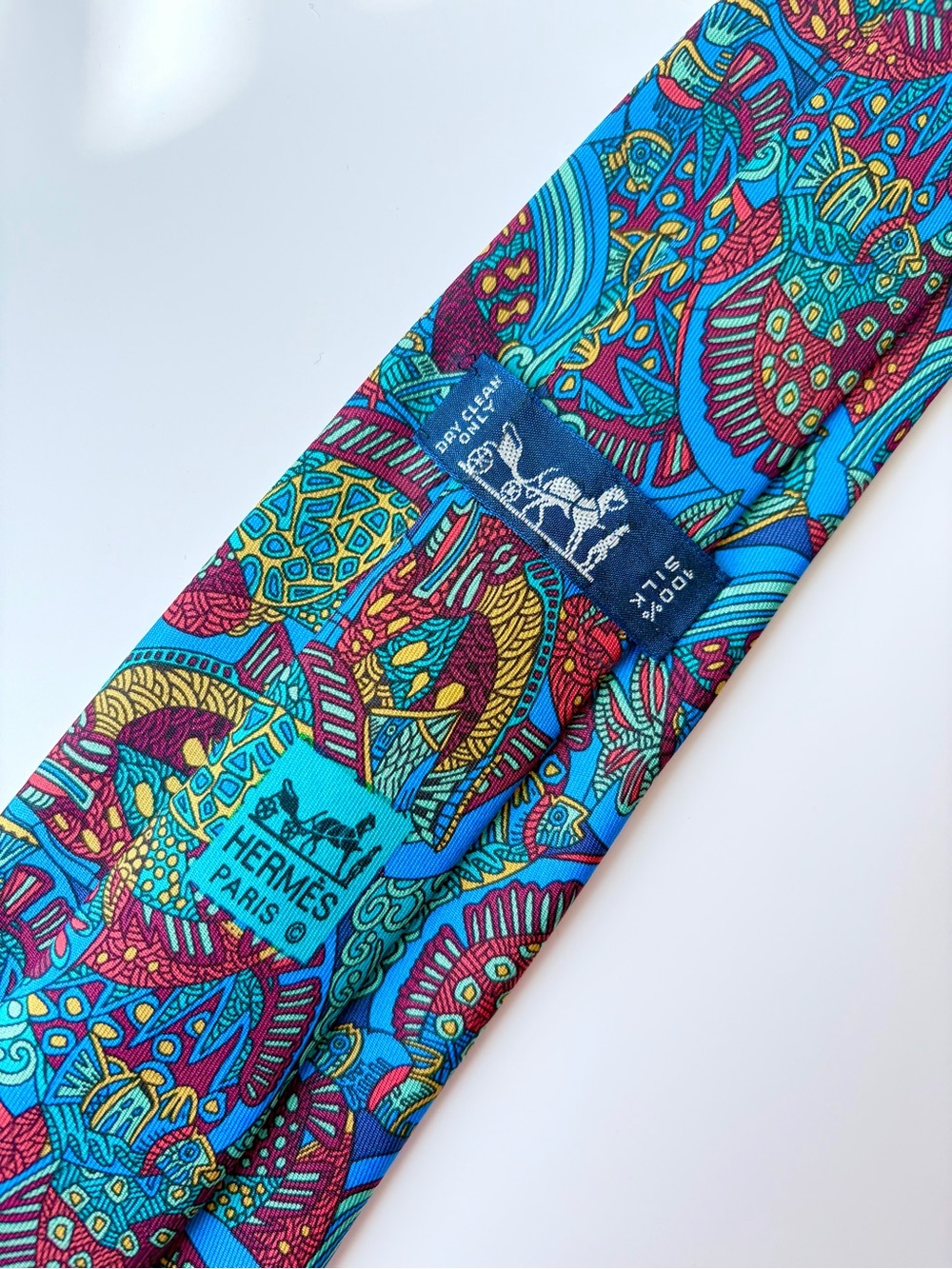 Hermès Paris 7344 EA Blue Fish Mosaic Vibrant Multicolor Silk Tie